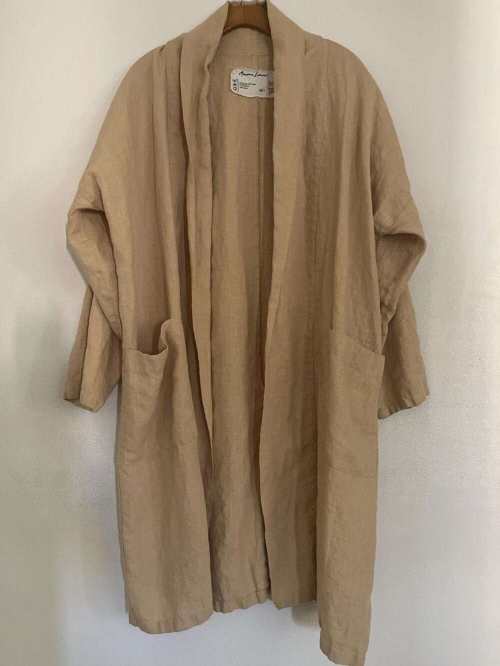 Amour Linen Coatigan Women 1 Beige Linen Duster Long Open Pockets Lounge Relaxed